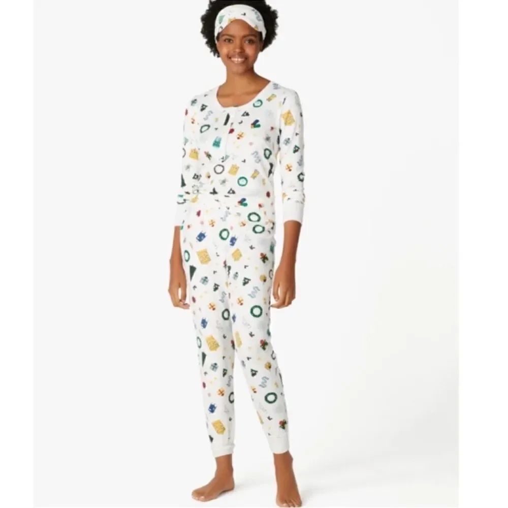 kate spade XL White Christmas Long Sleeve Henley Jogger Sleep Mask PJ Set